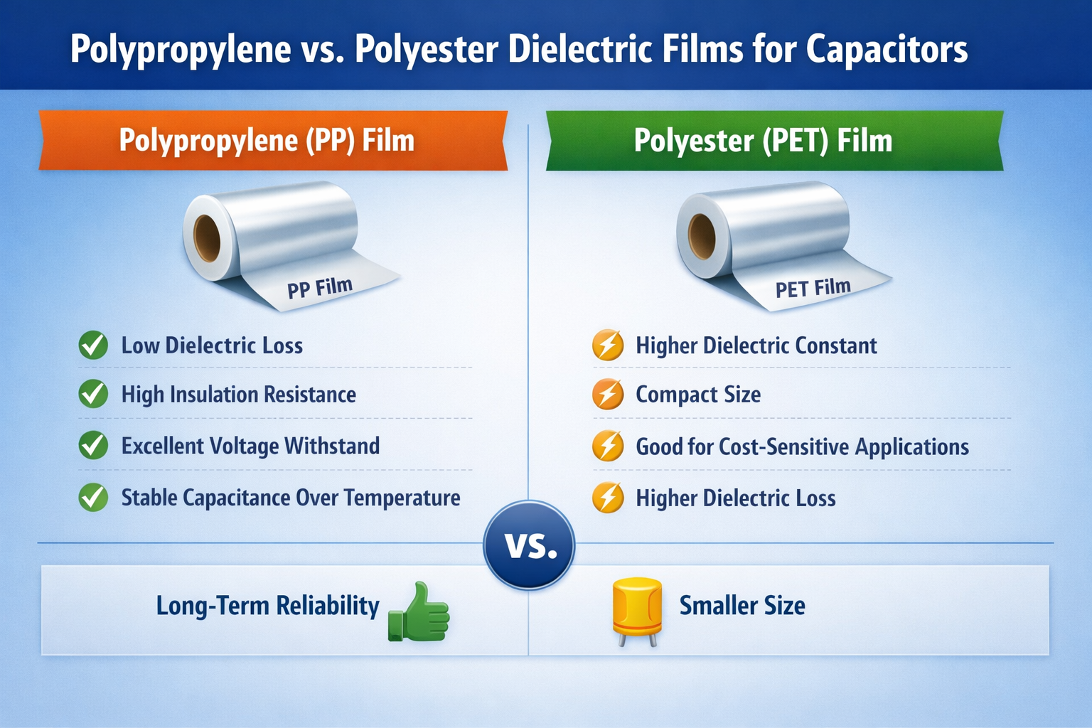 Comparison of polypropylene and polyester dielectric films for capacitors